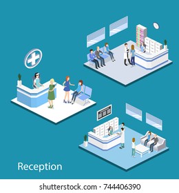 Isometric 3D vector illustration hospital reception with patients. Patients expect to see a doctor in the lobby