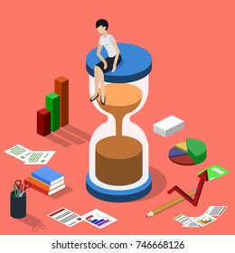 Isometric 3D vector illustration hourglass and a set of office supplies for business with worker