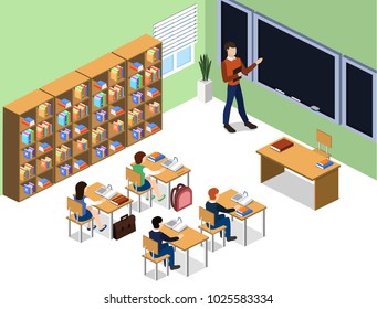 Isometric 3D vector illustration Interior class in school with students