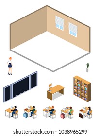 Isometric 3D vector illustration Interior class in school with students set of object