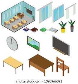 Isometric 3D vector illustration Interior class in school with students 