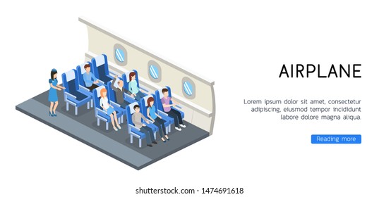 Isometric 3D vector illustration interior plane with passengers for landing page