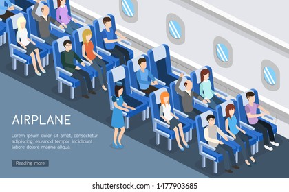 Isometric 3D Vector Illustration Interior Plane With Passengers For Landing Page