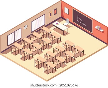 Isometric 3D vector illustration Interior class room
for study, a classroom with school desks, chairs, blackboard and book. 3d suburban isometric illustration. Isolated on white vector
