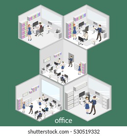 Isometric 3D vector illustration interior design office department. Work in the office. The concept of the idea of business and work.