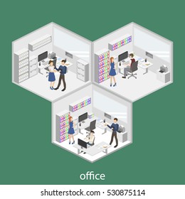 Isometric 3D vector illustration interior design office department. Work in the office. The concept of the idea of business and work.