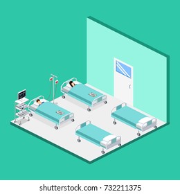 Isometric 3D vector illustration interior of hospital room with patients and dropper