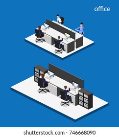 Isometric 3D vector illustration Interior of department office with workplaces