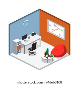 Isometric 3D vector illustration Interior of department office with workplaces
