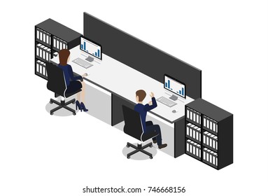 Isometric 3D vector illustration Interior of department office with workplaces