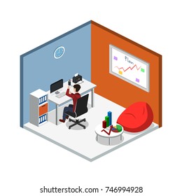 Isometric 3D vector illustration Interior of department office with workplaces