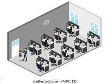 Isometric 3D vector illustration Interior of department office with workplaces