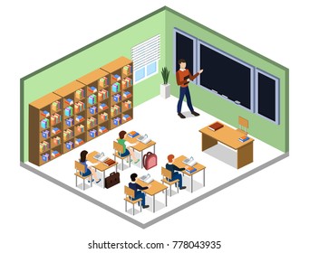 Isometric 3D vector illustration Interior class in school with students