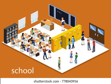 Isometric 3D vector illustration Interior class in school with students