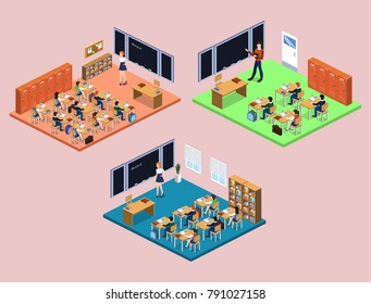 Isometric 3D vector illustration Interior class in school with students