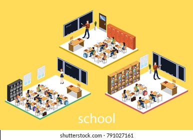 Isometric 3D Vector Illustration Interior Class In School With Students