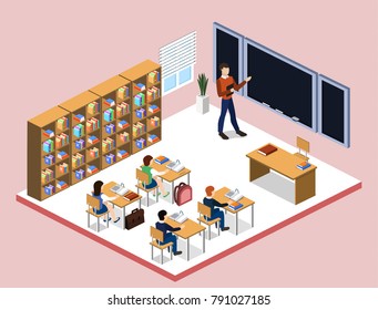 Isometric 3D vector illustration Interior class in school with students