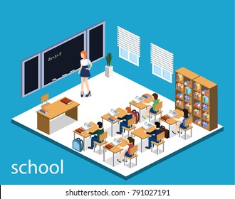 Isometric 3D vector illustration Interior class in school with students