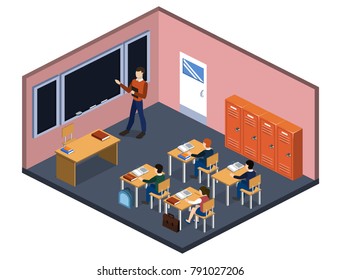 Isometric 3D vector illustration Interior class in school with students