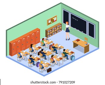 Isometric 3D vector illustration Interior class in school with students