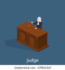 Isometric 3D vector illustration the judge conducts the trial. The hammer, the judge's wig, the table.