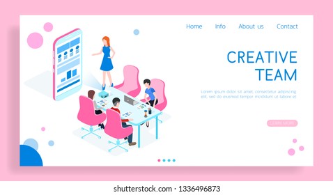 Isometric 3D vector illustration landing templates teamwork concept. Brainstorming a creative team.