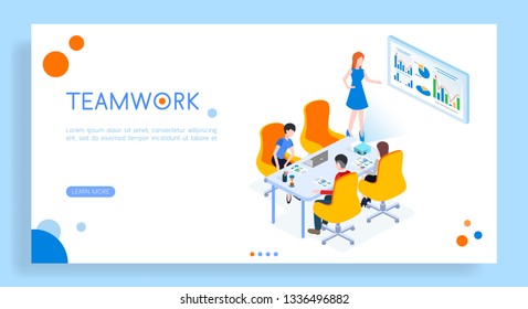Isometric 3D vector illustration landing templates teamwork concept. Brainstorming a creative team.