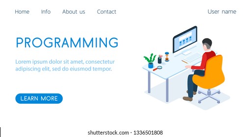 Isometric 3D vector illustration landing templates concept programmer at work. Workplace to work.