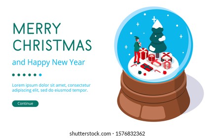 Isometric 3D vector illustration landing page snow globe with christmas tree and presents