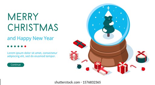 Isometric 3D vector illustration landing page snow globe with christmas tree and presents
