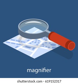 Isometric 3D Vector Illustration Of Magnifying Glass. Magnifier To Increase The Image. Approximation Of The Picture. Studying The Map.