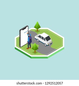 Isometric 3d vector illustration - a man standing on the side of the road with car operating smartphone to open application - Landing page 2