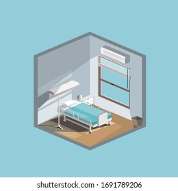 Ilustración plana en la habitación del hospital de estilo isométrico vectorial