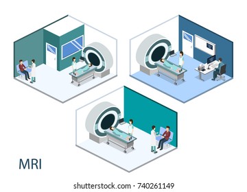 Isometric 3D vector illustration MRI scanner for patients. Diagnosis and search for the disease with magnetic radiation. The doctor scans the patient with magnetic resonance imaging