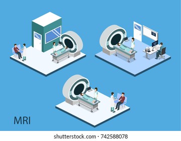 Isometric 3D vector illustration MRI scanner for patients. Diagnosis and search for the disease with magnetic radiation. The doctor scans the patient with magnetic resonance imaging