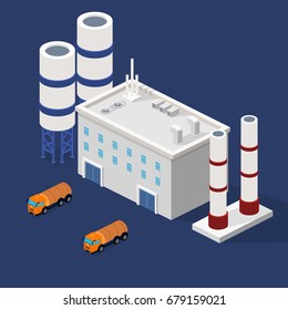 Isometric 3D vector illustration Oil plant with high-rises. A truck with an oil tanker. Warehouse with oil.