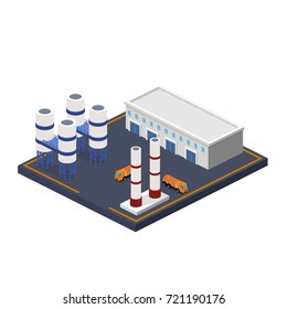 Isometric 3D vector illustration Oil plant with high-rises. A truck with an oil tanker. Warehouse with oil.