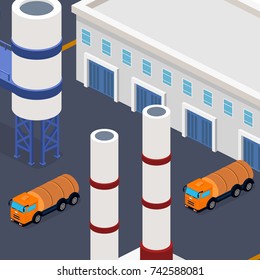 Isometric 3D vector illustration Oil plant with high-rises. A truck with an oil tanker. Warehouse with oil.