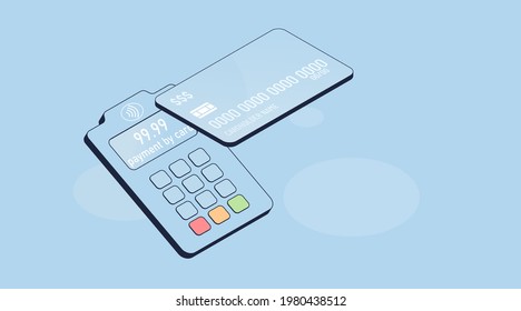 Isometric 3d ilustración vectorial. Banca en línea. Lector de tarjetas de crédito de plástico para máquina de pago.