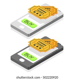 Isometric 3d vector illustration of online buy cinema tickets. Smartphone icon. Isolated on white background.
