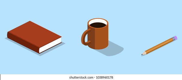 Isometric 3D vector illustration organizer with a pencil and cup. Lying book with a pencil and cup