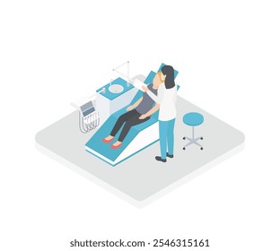 Ilustração isométrica do vetor 3D do paciente na consulta do dentista. O paciente senta-se na cadeira dental. O dentista e a enfermeira examinam o paciente.