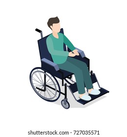 Paciente isométrico de ilustración vectorial 3D en silla de ruedas. La persona está enferma.