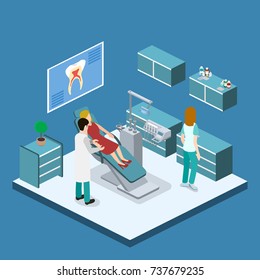 Isometric 3D vector illustration patient at a dentist's appointment. The patient sits in the dental chair. The dentist and nurse examines the patient.