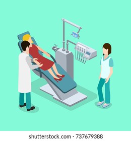 Isometric 3D vector illustration patient at a dentist's appointment. The patient sits in the dental chair. The dentist and nurse examines the patient.