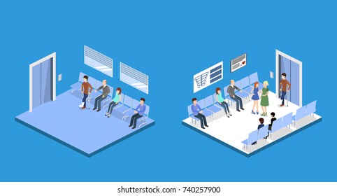Isometric 3D vector illustration patients waiting for an elevator and waiting room for a doctor