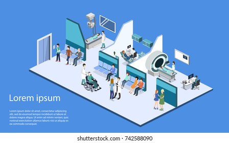 Isometric 3D vector illustration patients waiting room for a doctor. Department of Gynecology, MRI and X-ray room