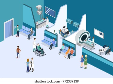 Isometric 3D vector illustration patients waiting for an elevator and waiting room for a doctor