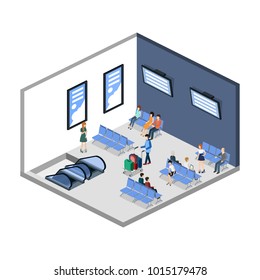 Isometric 3D vector illustration people at the airport with luggage and waiting for the plane