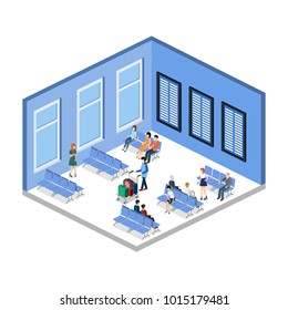 Isometric 3D vector illustration people at the airport with luggage and waiting for the plane
